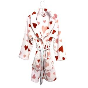 Plush HEARTS Robe Women's Small White Red Pink Long Cozy Belt w Flaw